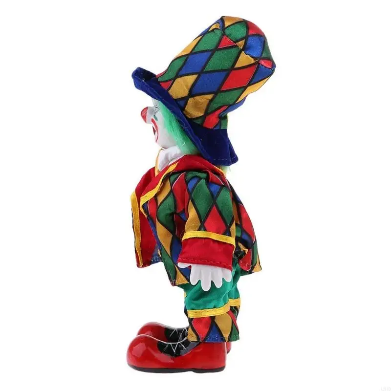 J2hd porcelana palhaço boneca com traje colorido acessórios exibição casa circo palhaço estatueta