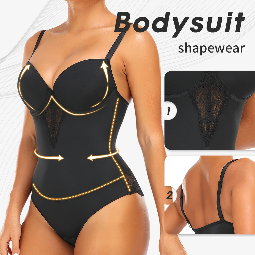 Shapewear Damen Bodysuit Fajas Körperformer Unterwäsche Sexy Spitze Offener Schritt Dessous V-Ausschnitt mit BHs für den Alltag