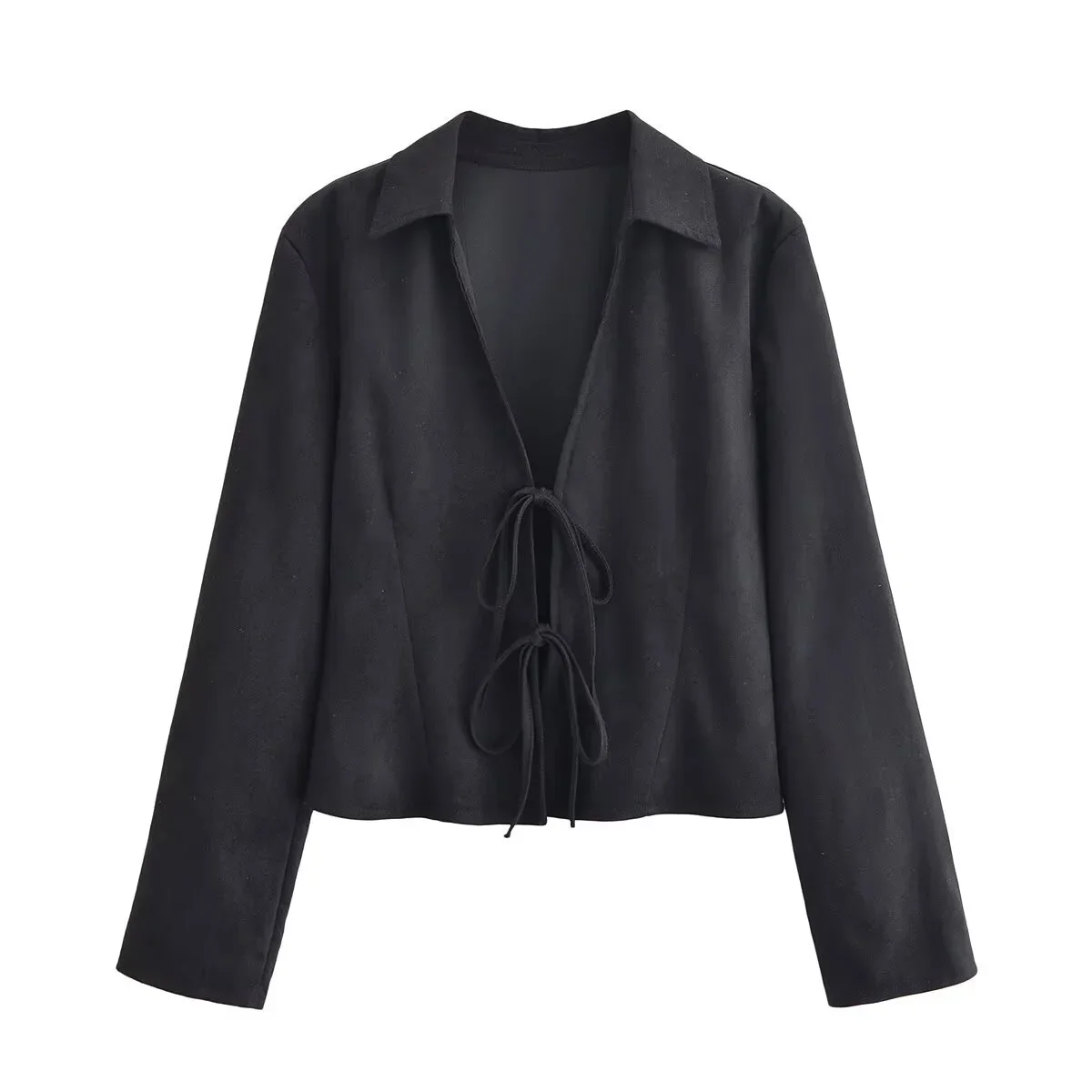 

2025 Winter New Women's Casual Fashion Simple Loose Fit Slim V-neck Long Sleeve Fleece Effect Tie Shirt