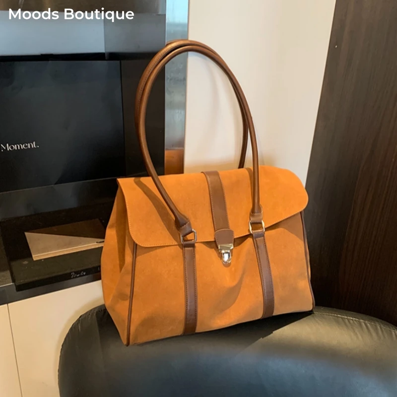 

сумка женская сумка женская большая Деловые портфели в стиле ретро, сумки на плечо для женщин, однотонная сумка-шоппер из искусственной замши с тремя отделениями, большая вместительная сумка-тоут 2025