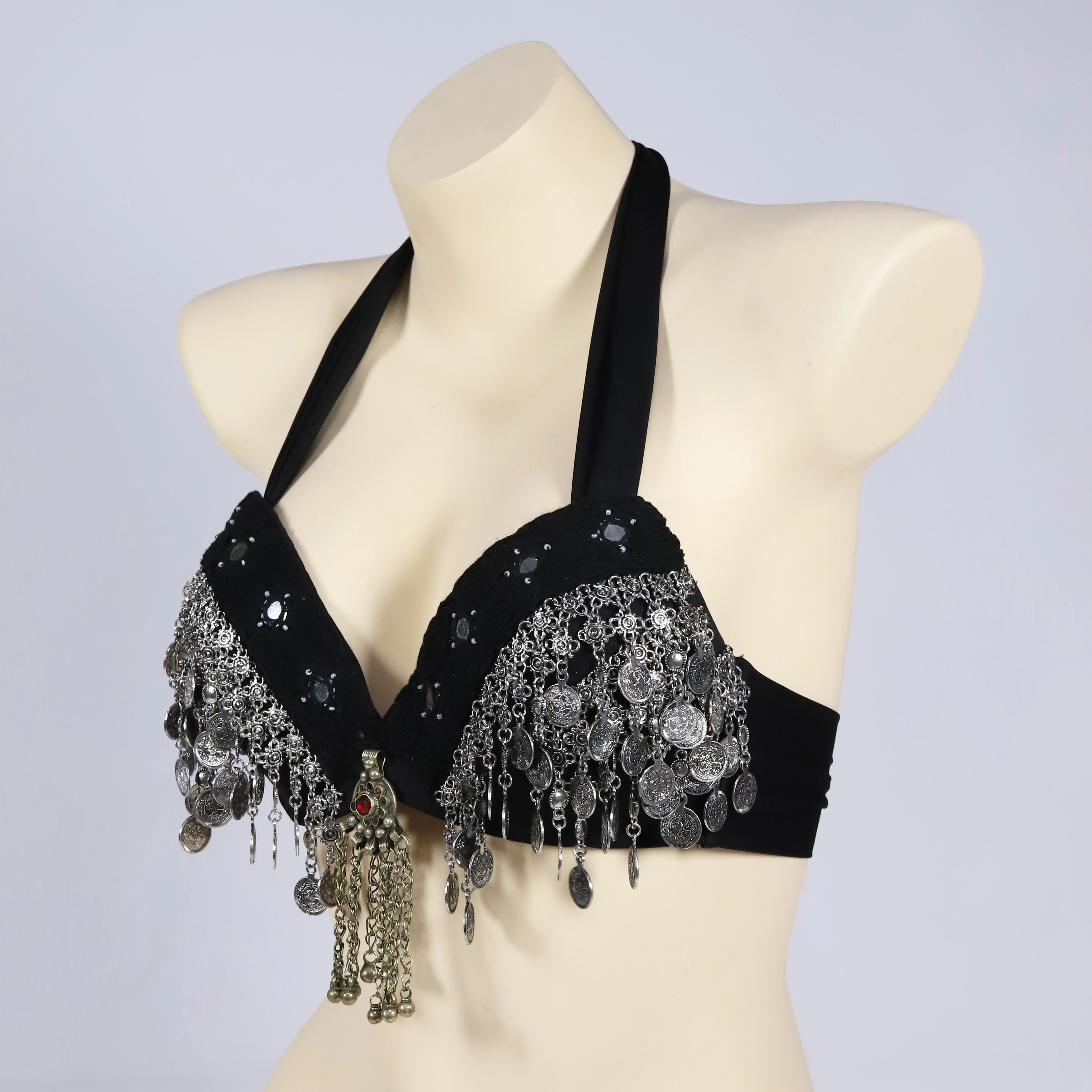 Sutiã tribal vermelho para dança do ventre, copo push up, sutiã cigano vintage, moedas de bronze, swags, tops ats