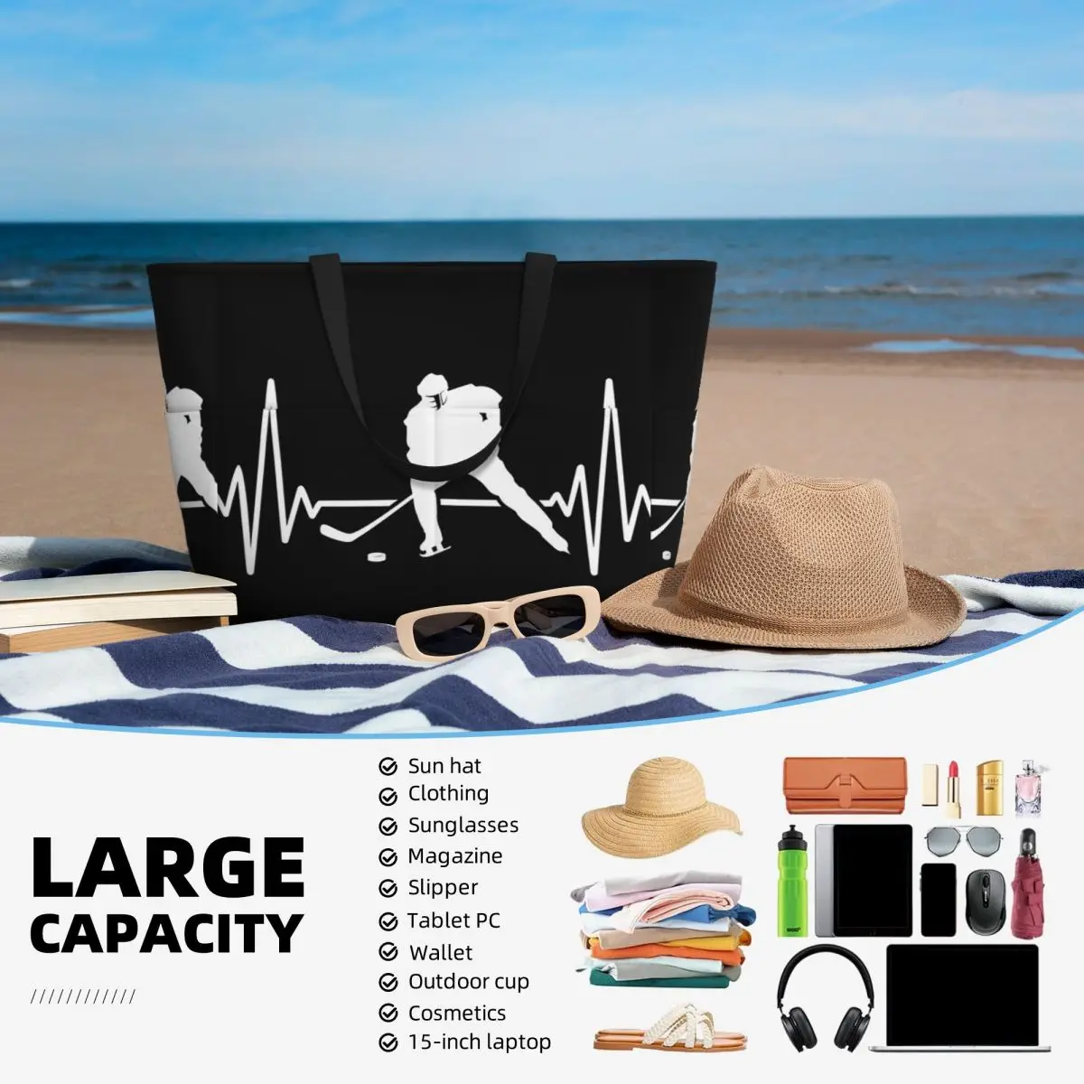 ไอซ์ฮอกกี้ฮาร์ทบีท, กระเป๋าโท้ทลายฮอกกี้ฮาร์ทบีท กระเป๋าใส่ของสำหรับเล่นกีฬา ยิม โยคะ กระเป๋าโท้ทขนาดใหญ่ กระเป๋าเดินทางสำหรับผู้หญิง กระเป๋าฟิตเนส