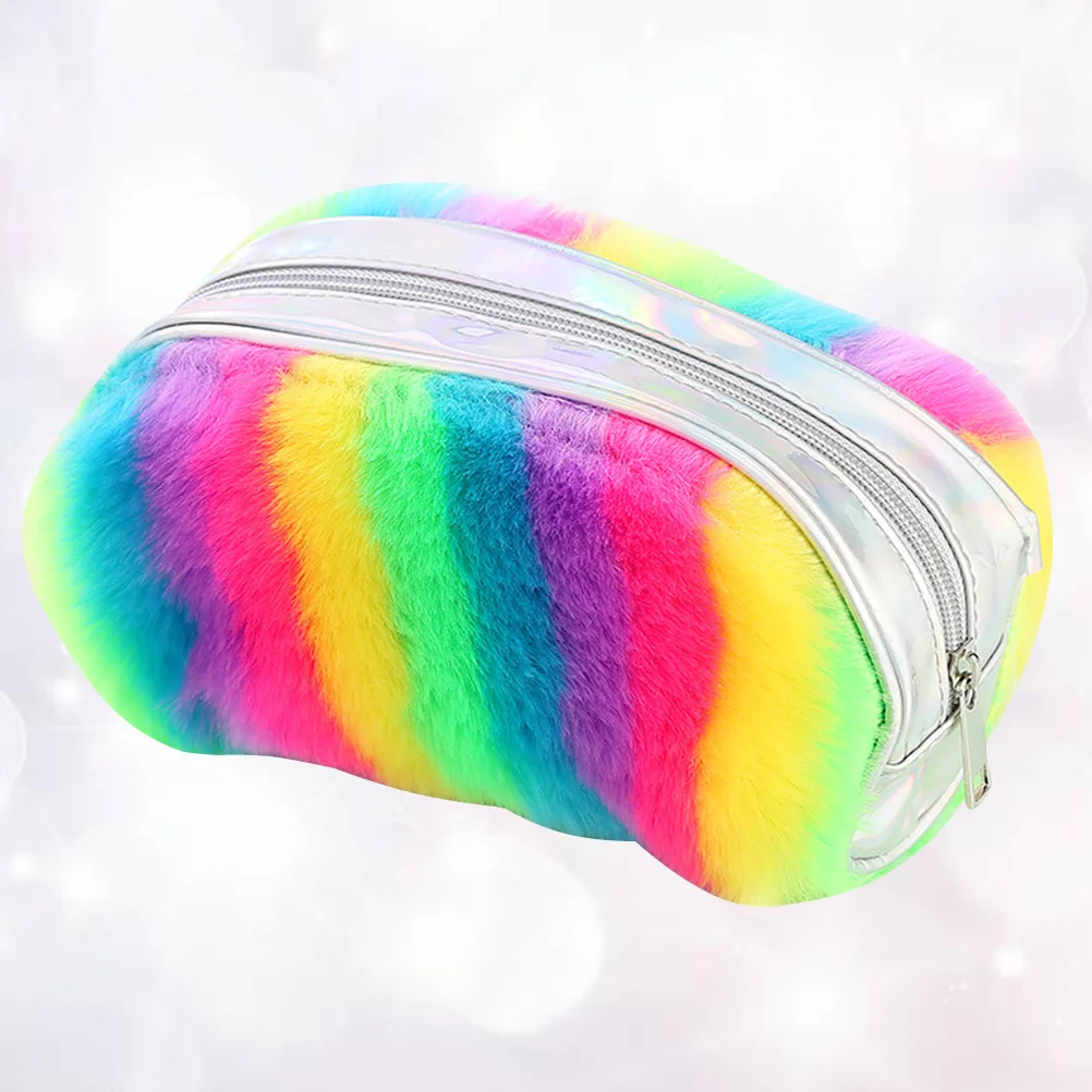 Rainbow Color Plush Pencil Bag Large Capacity Stationery Storage Bag (Rainbow Color) Pencil Case Fluffy Pencil Bags