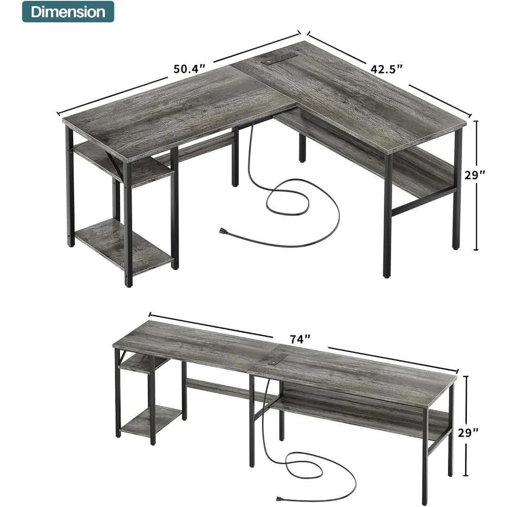 Escritorio Reversible en forma de L con tomas de corriente mágicas y puertos de carga USB, computadora de escritorio de esquina resistente