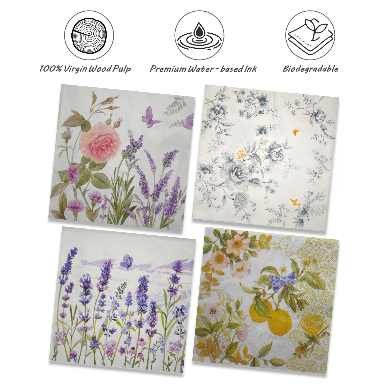 

20pcs Rose-Lavender Bouquet Butterfly Lemon Assorted Floral Decorative Cocktail Paper Napkins 33x33cm 3Ply Decoupage Napkins