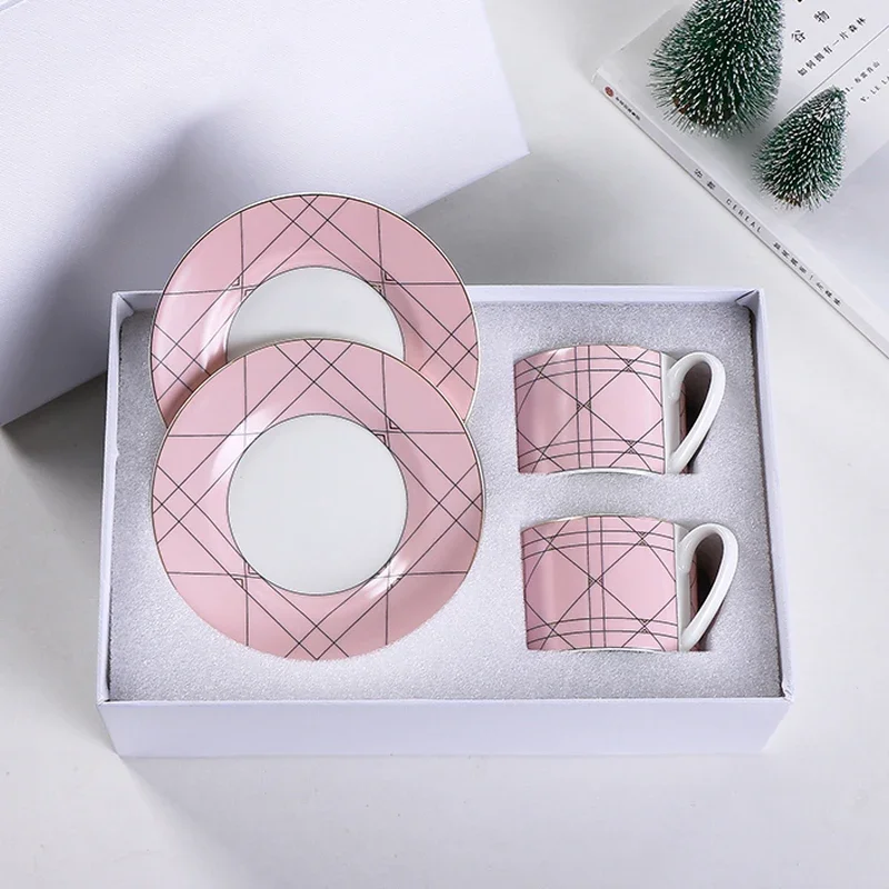 

2 Sets Elegant Bone China Coffee Tea Sets Geometric Pattern Cups