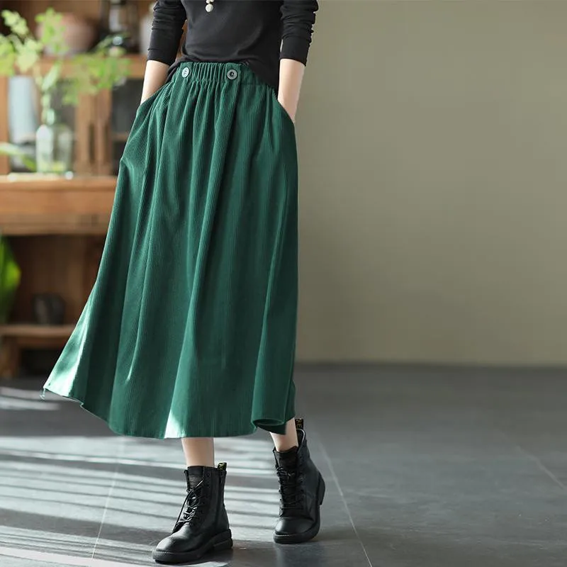 

2023 Autumn New Arts Style Women Elastic Waist Loose Casual A-line Skirt All-matched Casual Cotton Corduroy Long Skirts P371