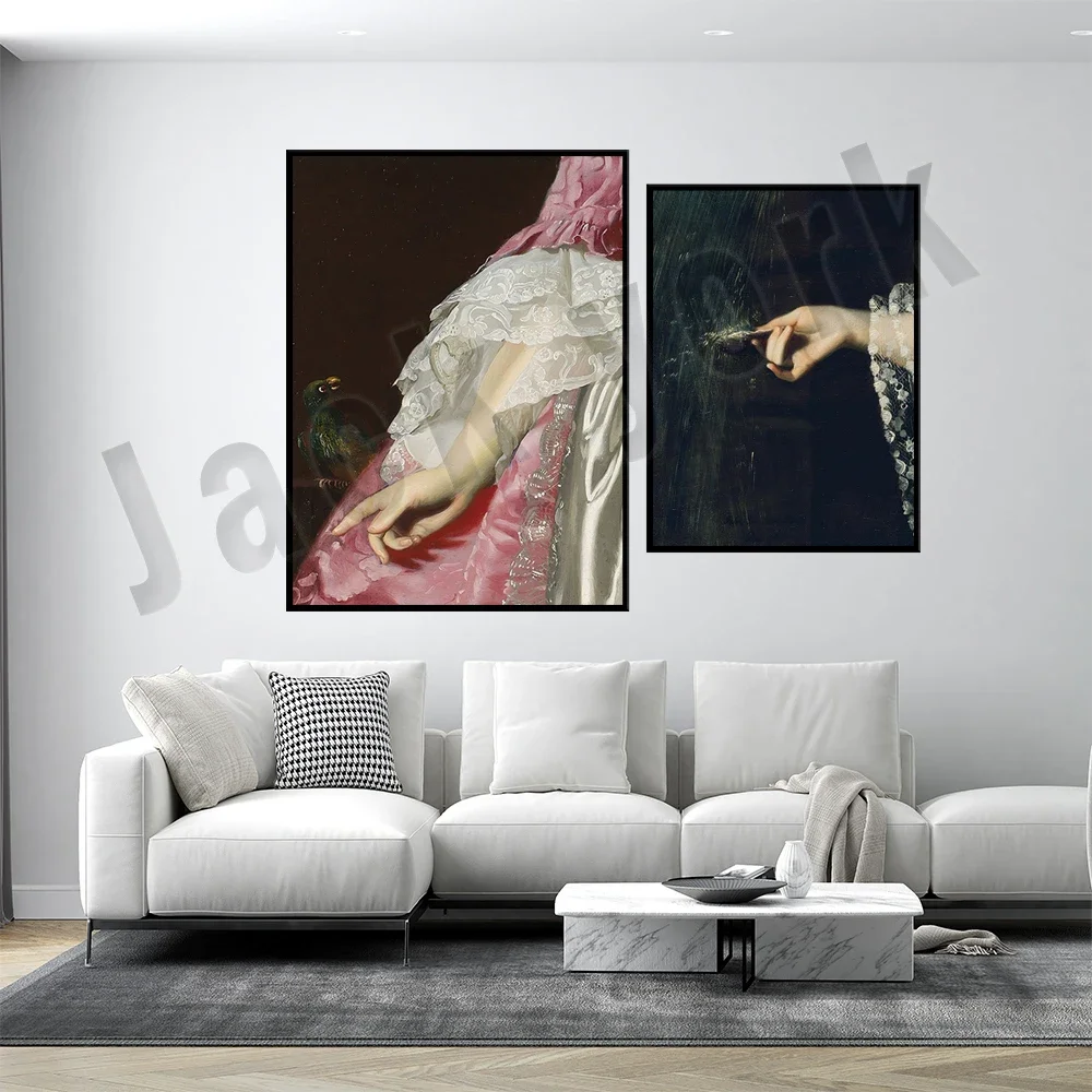 Pink dress with lace victorian hand, dark academia print art, occult painting of one hand decorating typographic poster