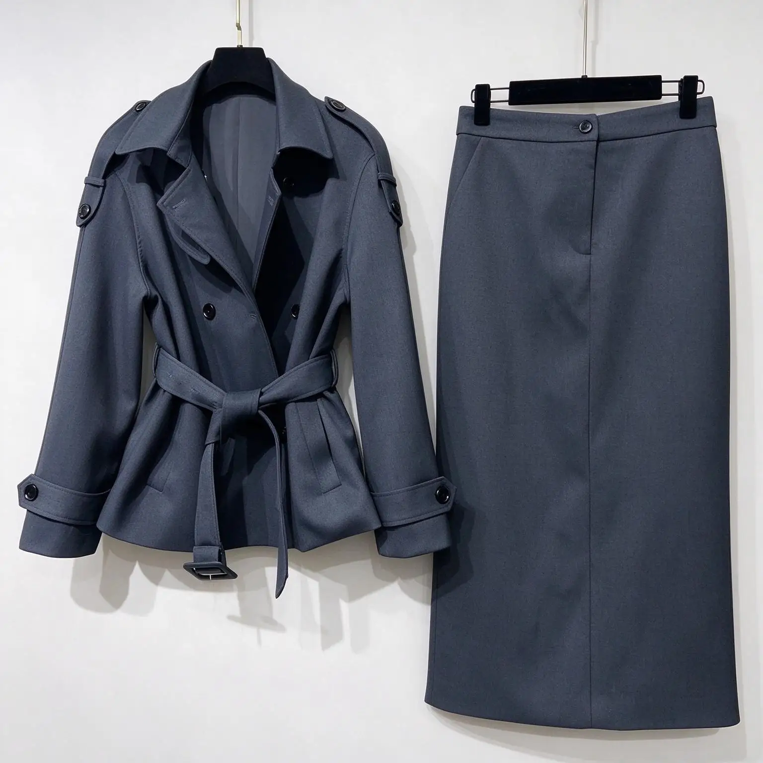 Elegant Women Belted Short Trench With Midi Skirt Two Piece Set