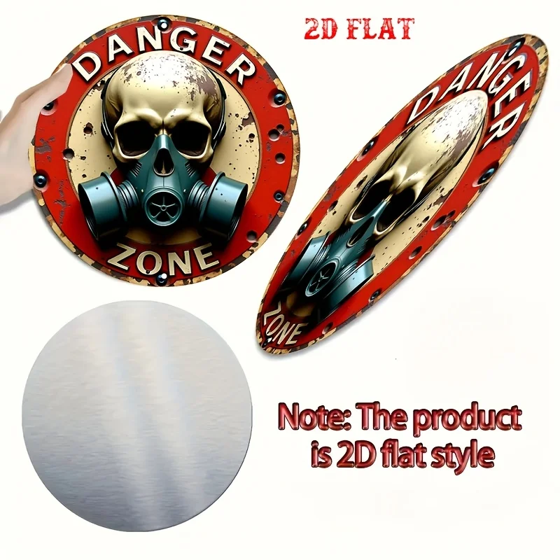 2D Flat "Danger Zone" Gas Mask Skull Round Tin Sign - Retro Post-Apocalyptic Biohazard Art Metal Wall Decor for Man Cave, Bar, S view 3