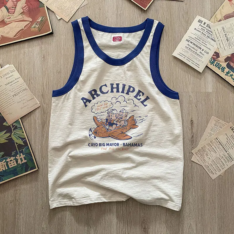 Vintage Sporty Color Block Cotton Tank Top for Men Cartoon Pig Print Sleeveless Muscle Tee Casual Streetwear Summer Vest