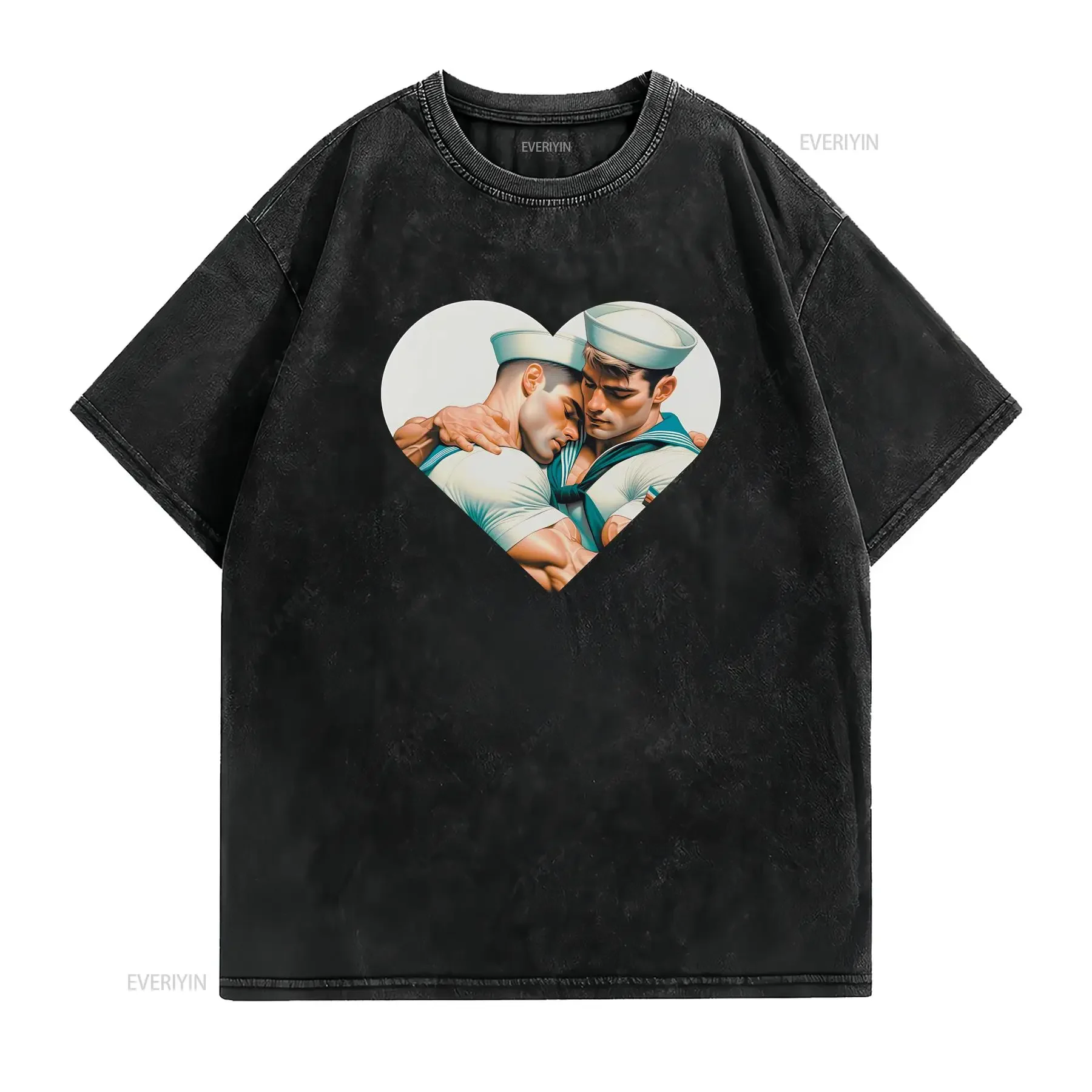 Sailor T Shirt Gay Sailors Cuddling HearT Subtle Pride LGBTQ Love is Bisexual Queer MLM Romance vintage Washed streetwear