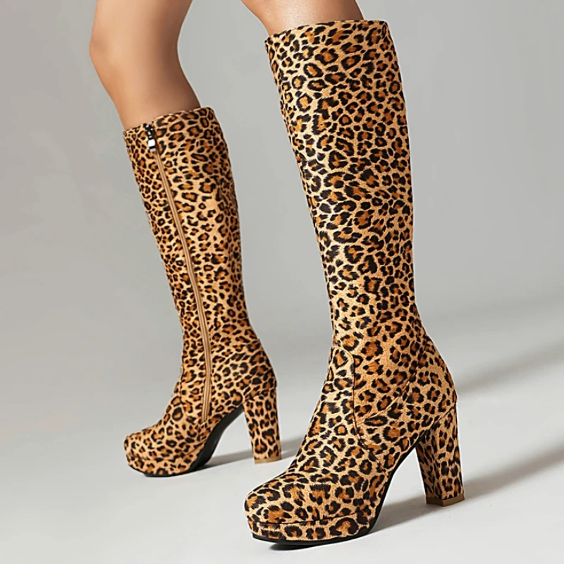 

Leopard Knee High Boots Women Platform 2025 Sexy Zipper Thick High Heels Long Boot Autumn Winter Party Shoes Large Size 47