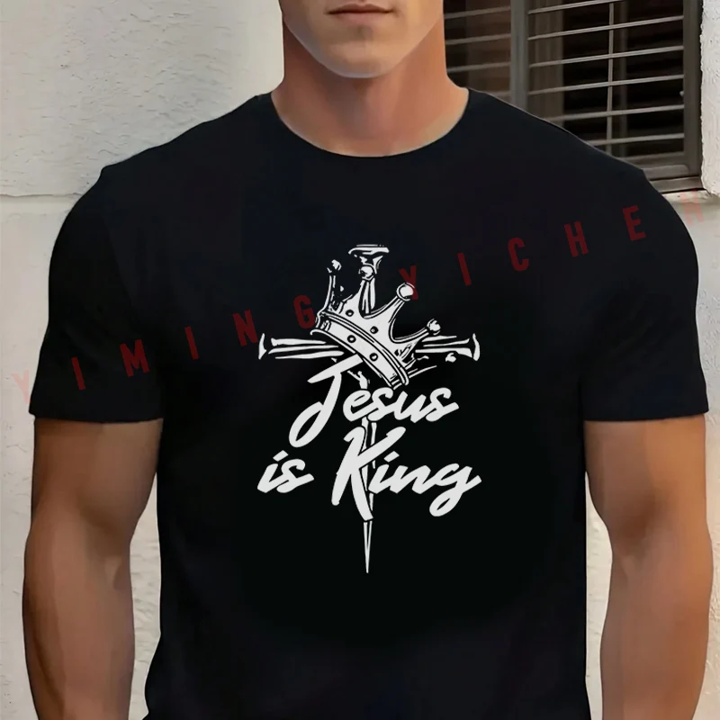 

WomenJesus Is King Crown Cross Pattern Printing Motorcycle T-Shirt Cotton Streetwear Summer Sports Fashion Short Sleeve Tops Tee