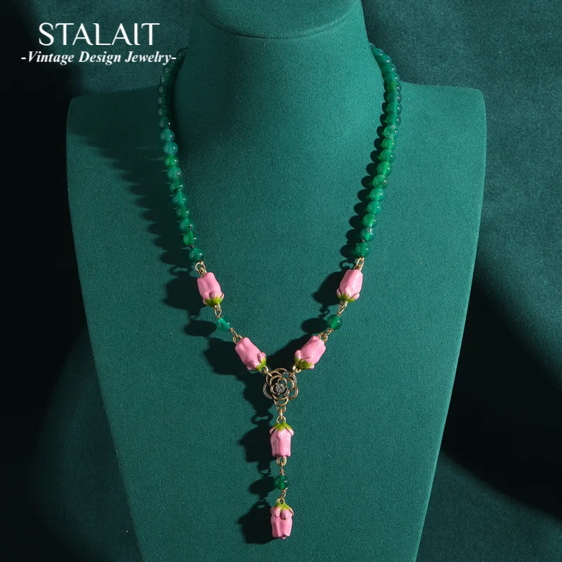 

Vintage Emerald Green Necklace Beads Woman Pink Tulip Flower Pendant Jewelry For Evening Party Antique Accessories Christmas New