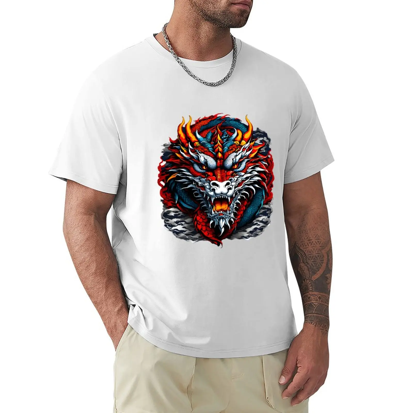 Dragon Head Red White Sticker T-Shirt plain oversized summer top animal prinfor boys t shirts men