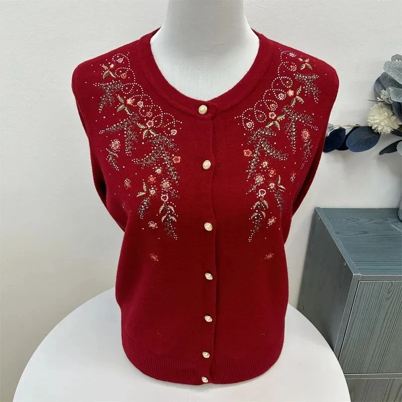 Middle Aged Elderly Women Knitted Cardigan Sweater Jacket Spring Autumn Casual Embroidered Knitwear Mother Sweater Coat M-4XL