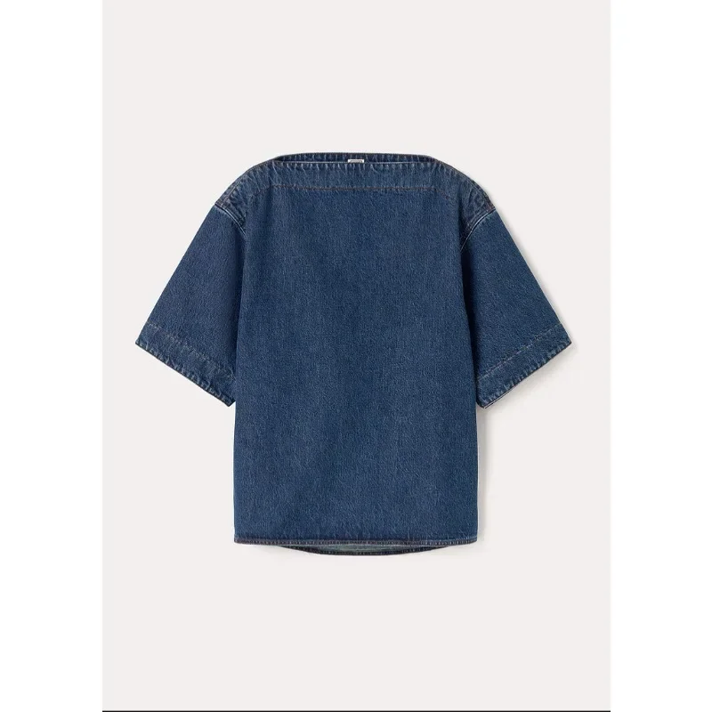 TT @ LUXURY-Denim Shirt for Women, Deep Blue Cotton, One Line Neck, Short Sleeve Top, Autumn and Winter, 2024 New