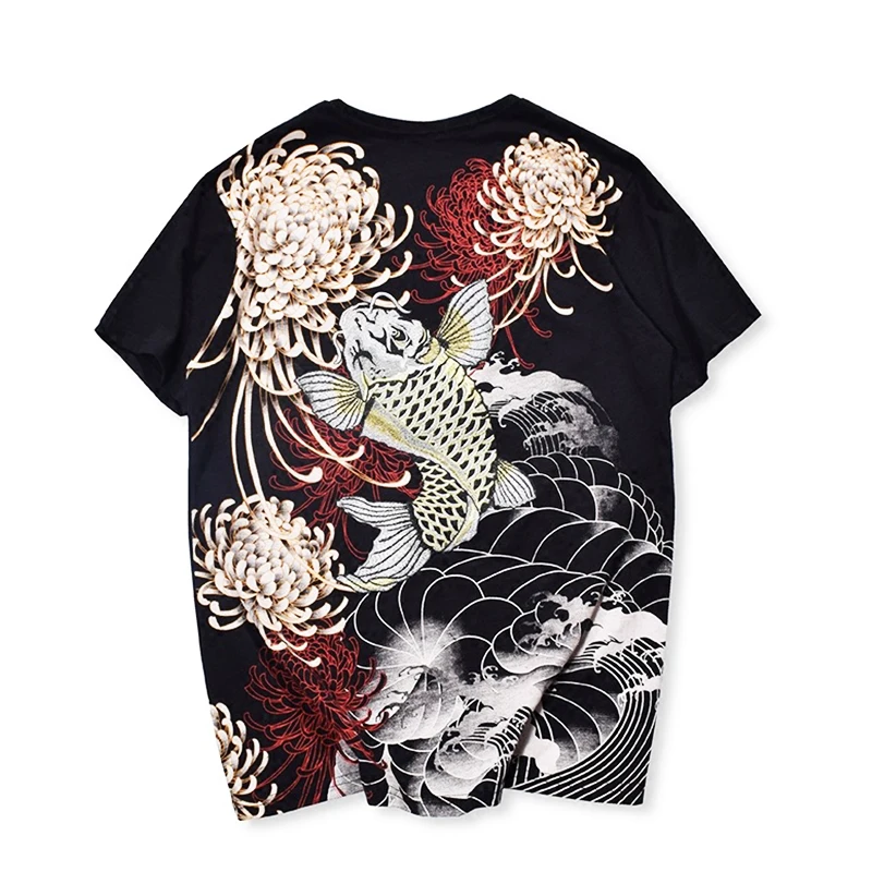 Lyprerazy Japanese Harajuku Ukiyoe Vintage T-shirt Mens Carp Fish Chrysanthemum Embroidery Chinese Style Tattoo T-shirts