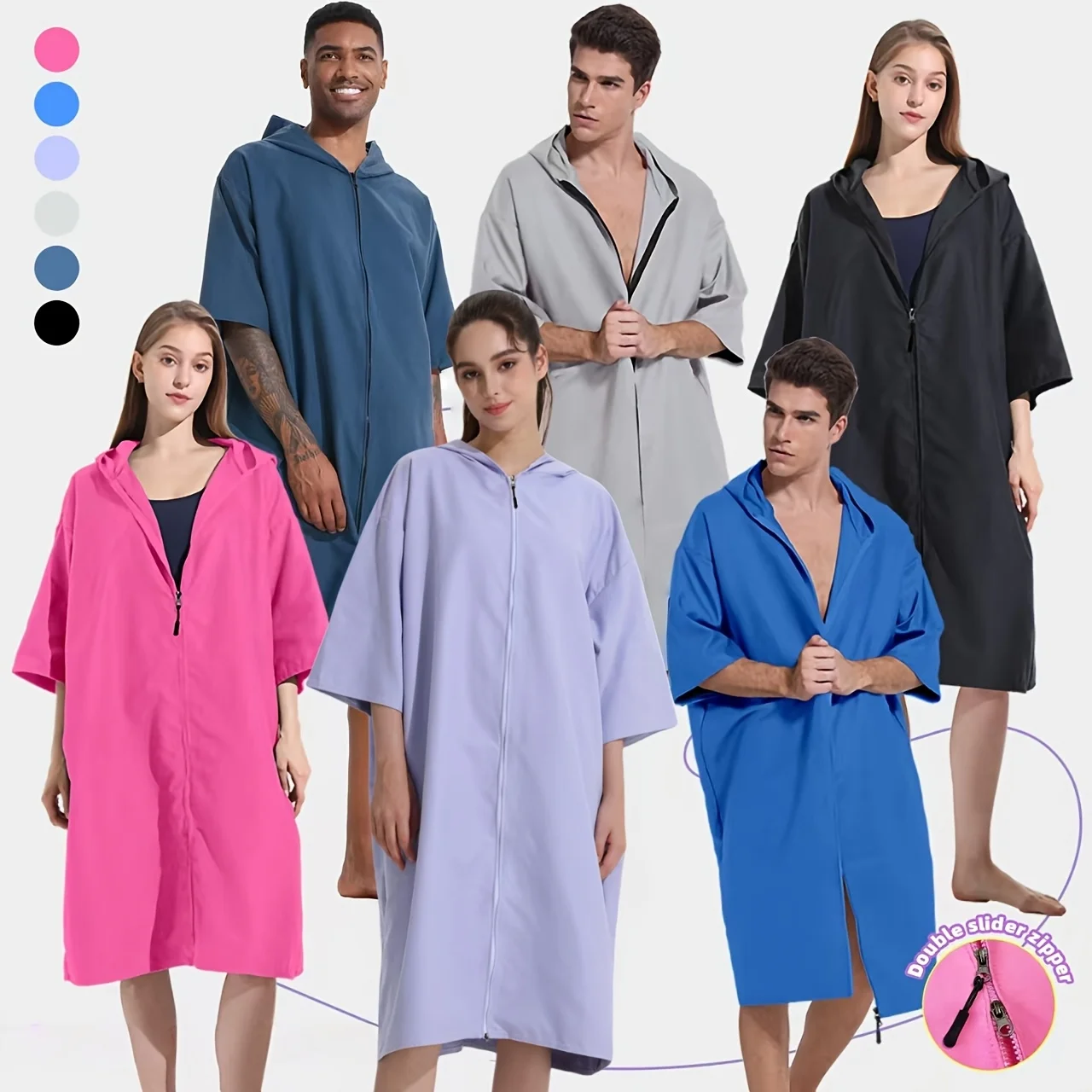 

Solid Color Absorbent Quick-Dry Beach Towel Robe 3/4 Sleeve Double-Zipper Cloak for Diaper Changing Home Outdoor Travel Unisex