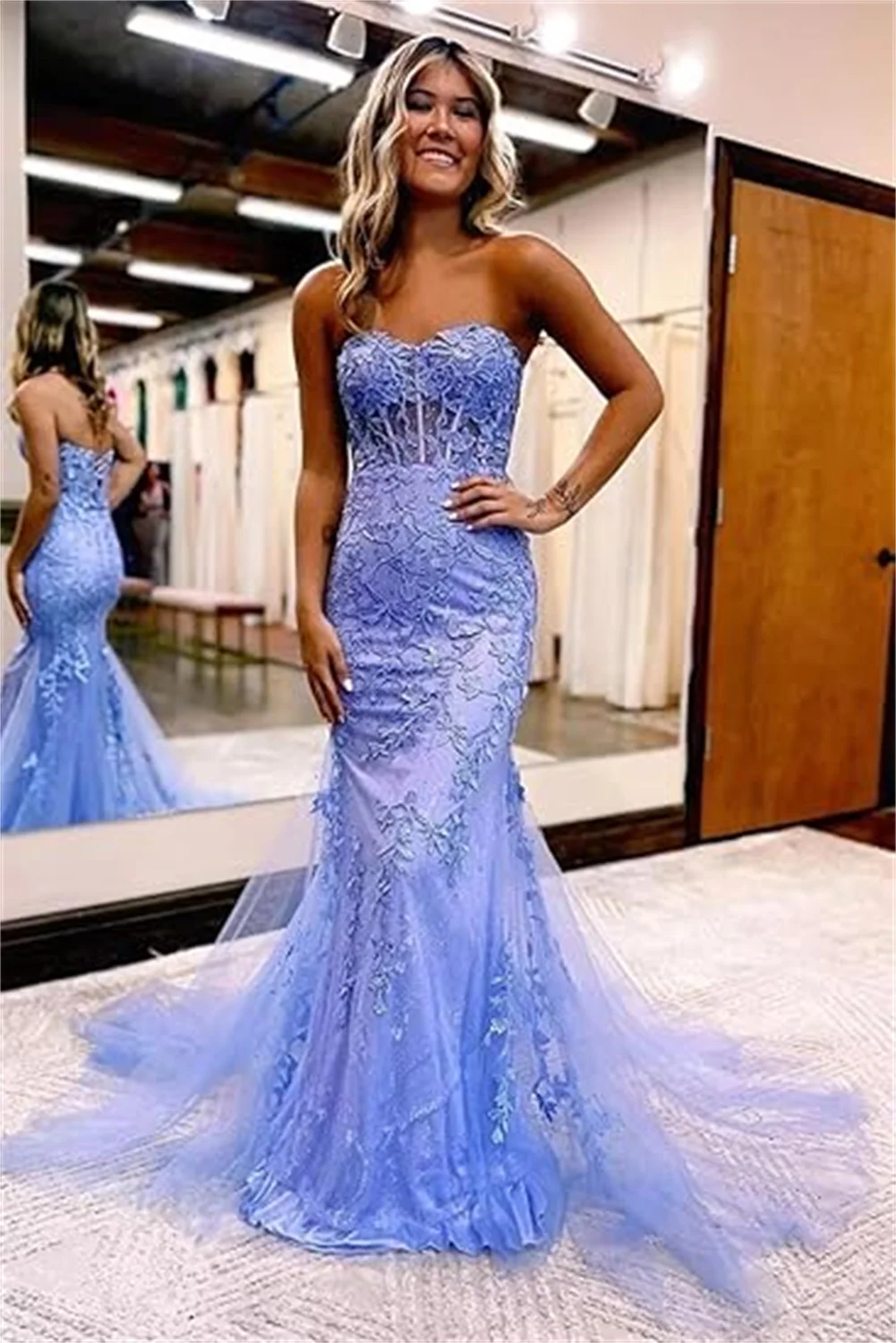 

Elegant Lace Applique Long Prom Dresses Strapless Corset Formal Evening Dresses For Women Ball Gowns Mermaid Sexy Party Dresses