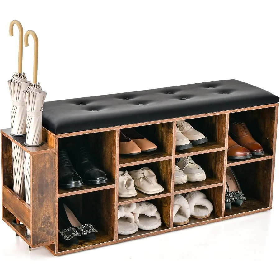 

Shoe Storage Bench with Umbrella Stand 10Cube Entryway Bench with Adjustable Shelf Padded Cushion Cubby Shoe Rack Organizer for