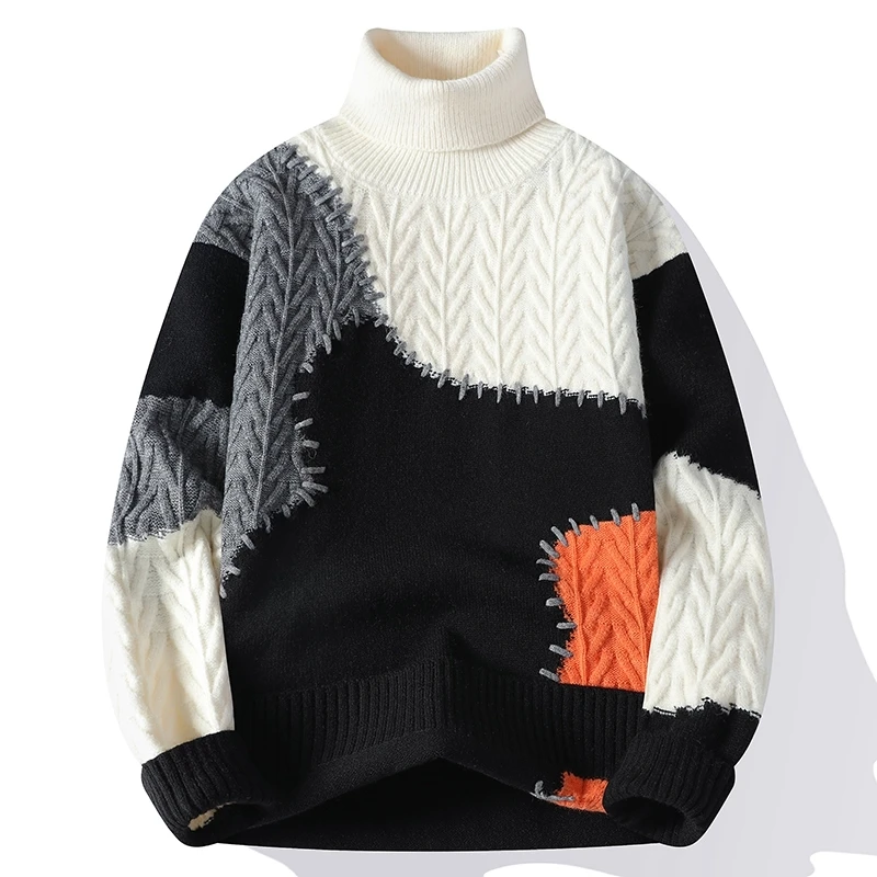 

Korean Trend Turtleneck Knitwear Harajuku Style Patchwork Colour Collision Pullover Casual Sweater Loose Couple Tops