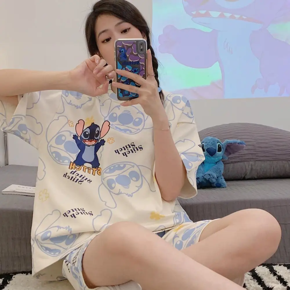 Summer Cartoon Stitch 2Pcs Women's Pajamas Shorts Sanrio Kawaii Cinnamoroll Y2K Short Sleeve Thin Cute Girls Casual Home Clothes