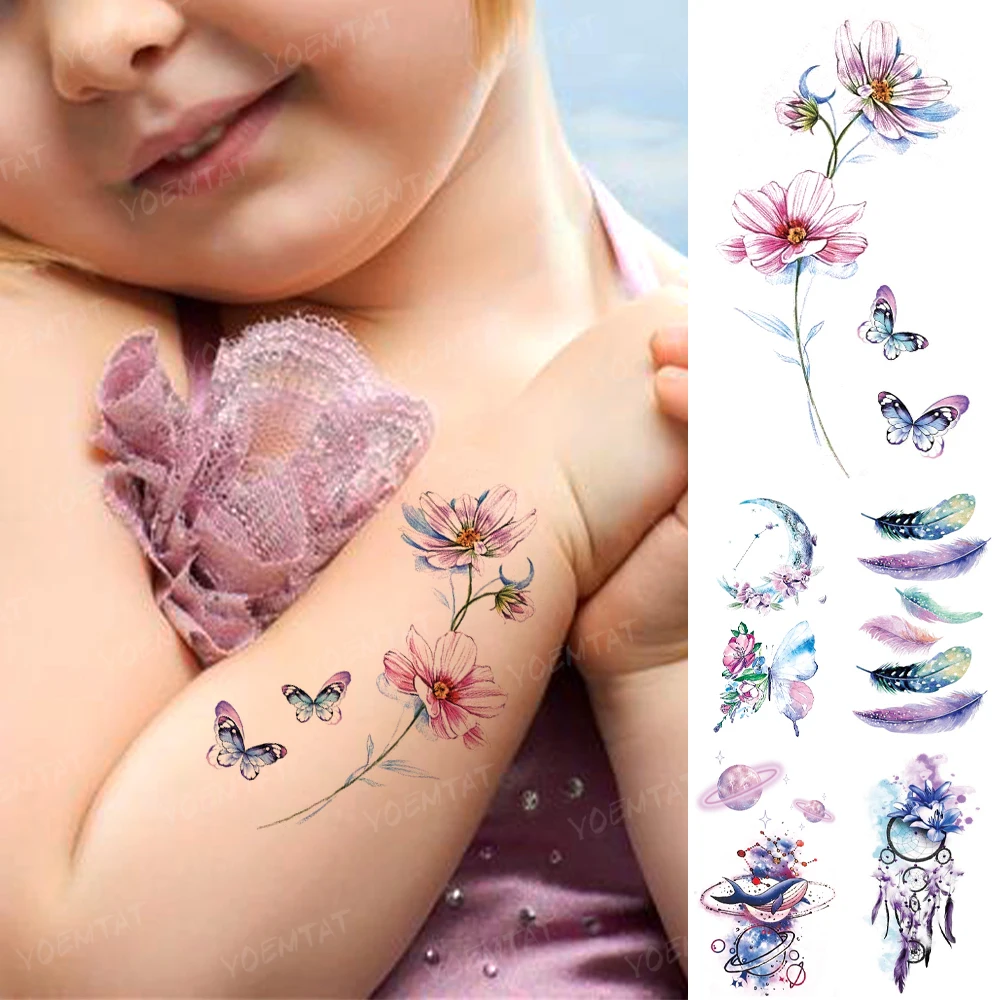 

Waterproof Temporary Tattoo Sticker Daisy Butterfly Feather Whale Dream Net Child Kid Baby Tatto Woman Girl Color Fake Tatoo Man