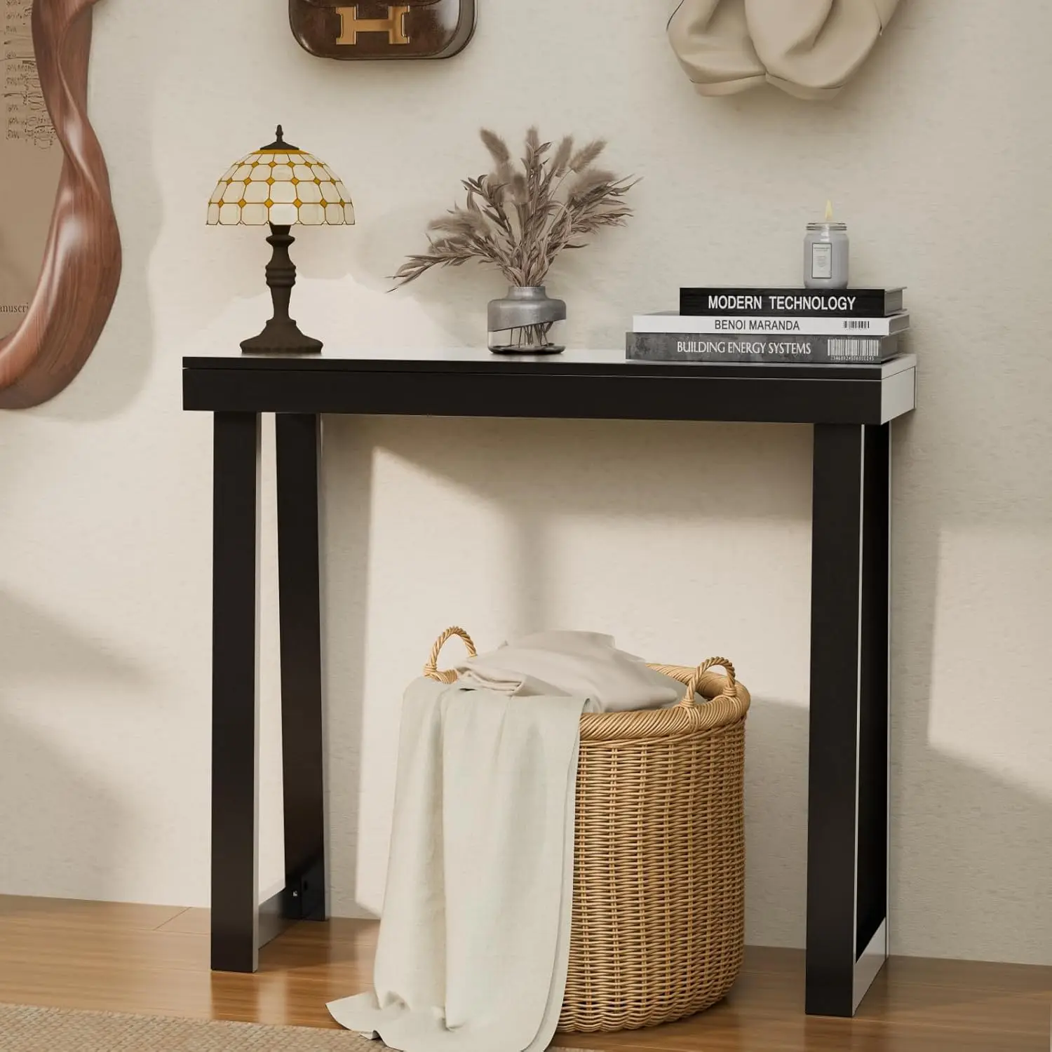 

35.4" Black Entryway Table, Solid Wood Console Table, Narrow Sofa Table Behind Couch, Thin, for Living Room,, Customized