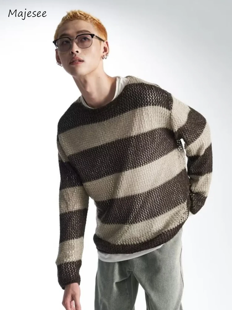 

Striped Sweaters Men Autumn American Retro High Street Hollow Out Contrast Color Chic Males Knitwear All-match Fashion Pullovers