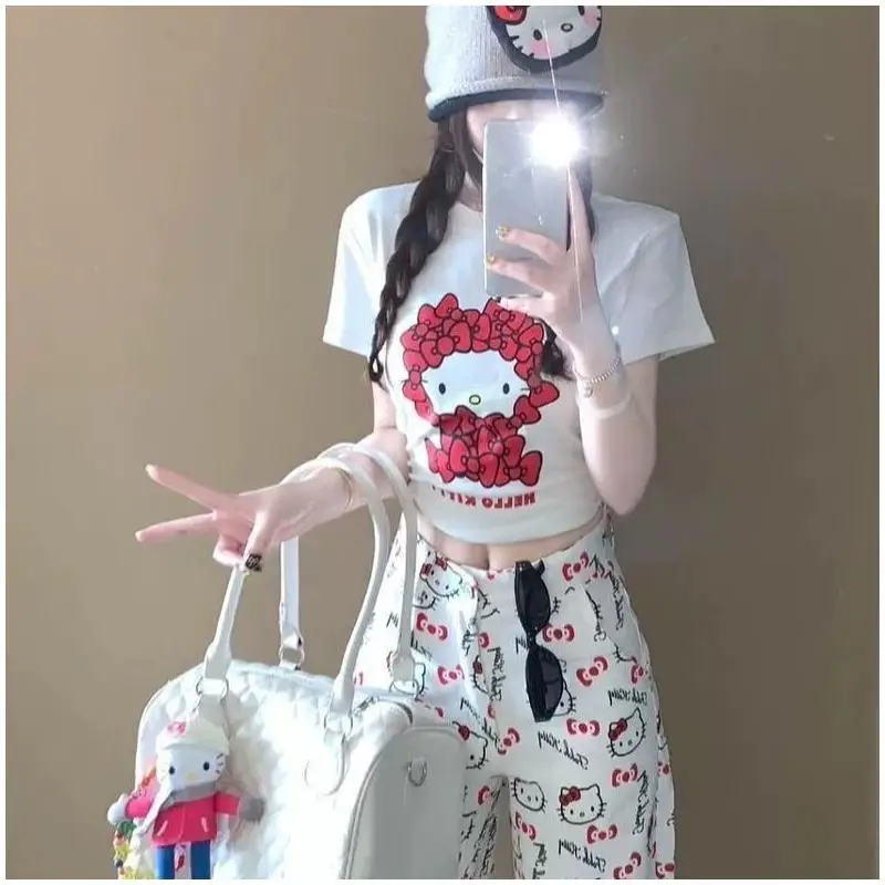 

Sanrio Hello Kitty women's T-shirt tops Cotton Summer New Printed Mint Mambo Short Sleeve Round Neck Dopamine Style fashion