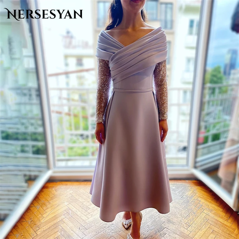 

Nersesyan Purple Satin Prom Dresses Glitter Sequins Long Sleeves Pleats Formal Party Gowns Ankle-Length 2023 Vestidos De Fiesta