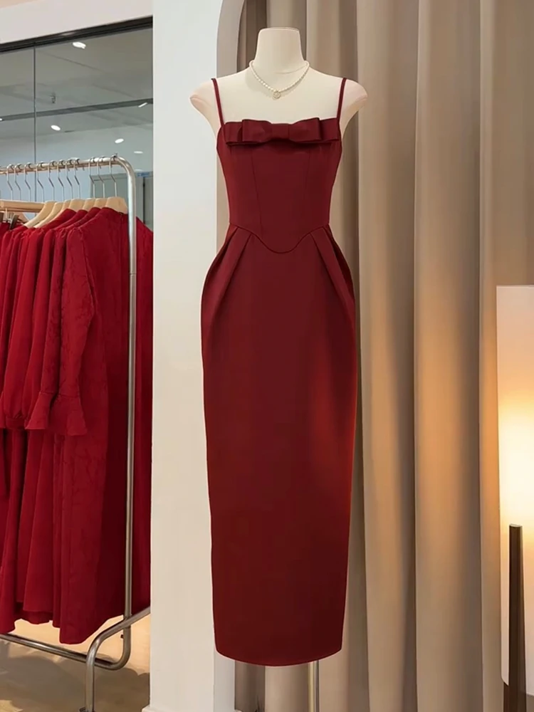 

Simple Ele Red Wedding Dr for Women Summer Wedding Gown Strapl Evening Dr Casual Wear Polyester Fiber Zipper Sle