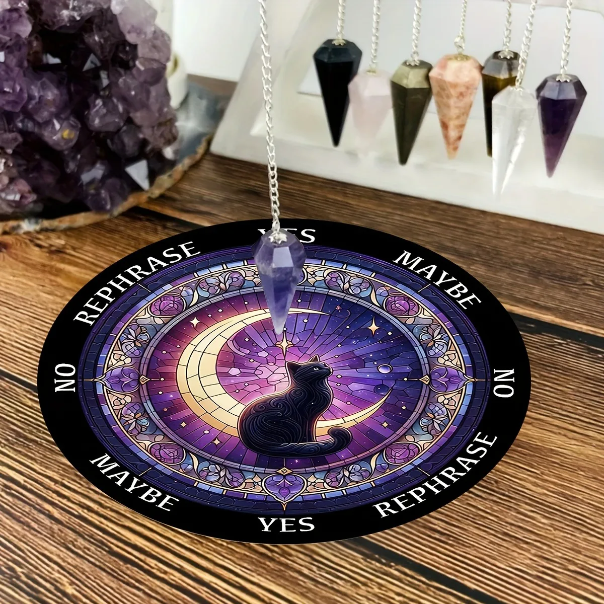 Witchcraft Astrology Pendulum Board with Black Cat & Moon Divination Plate for Tarot Oracle Cards Spiritual Meditation Mat