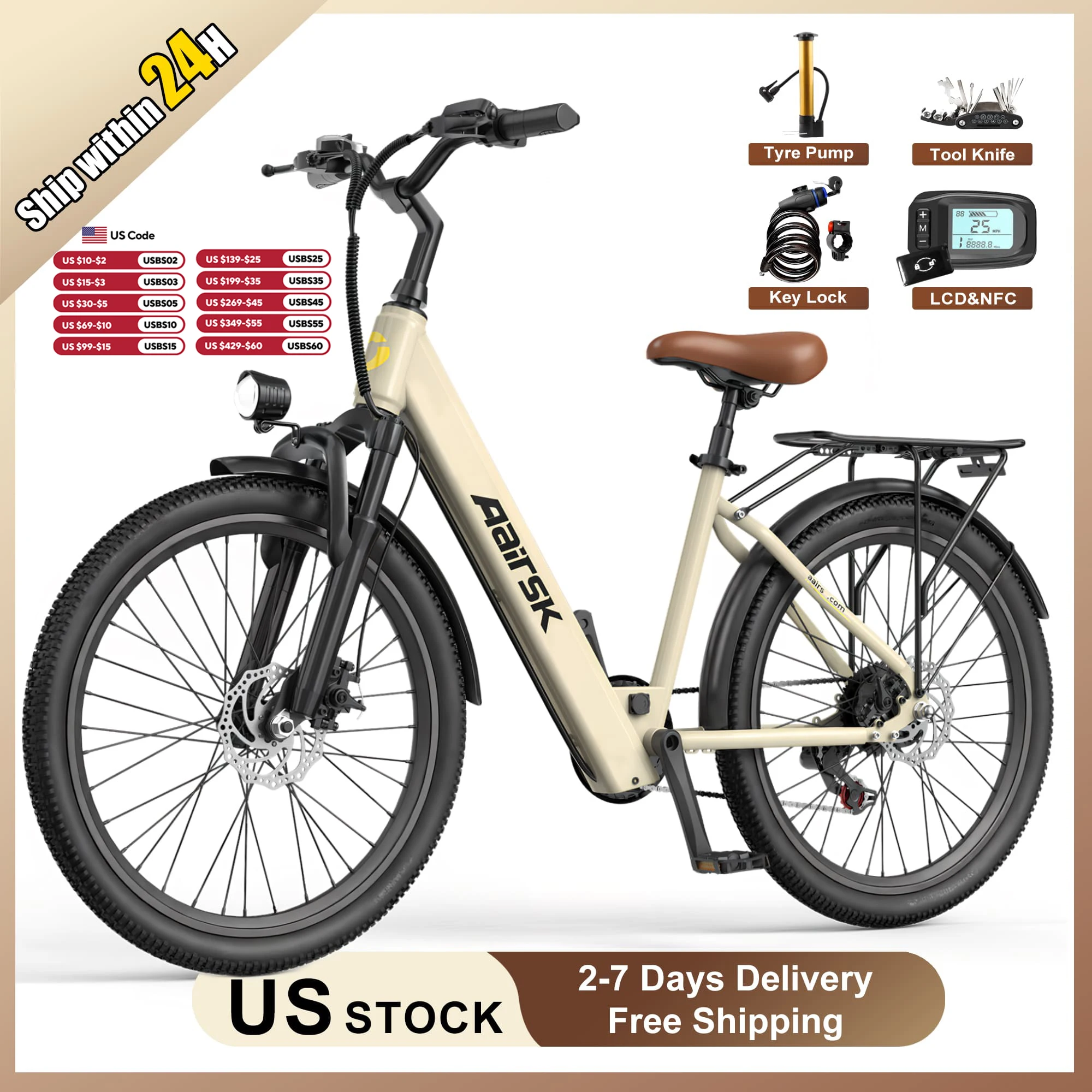 

Electric Bike Adults 40Miles 23MPH Commuting Electric Mountain Bike 468Wh Lithium Battery,7-Speed,24" Tire Front Fork Suspensio