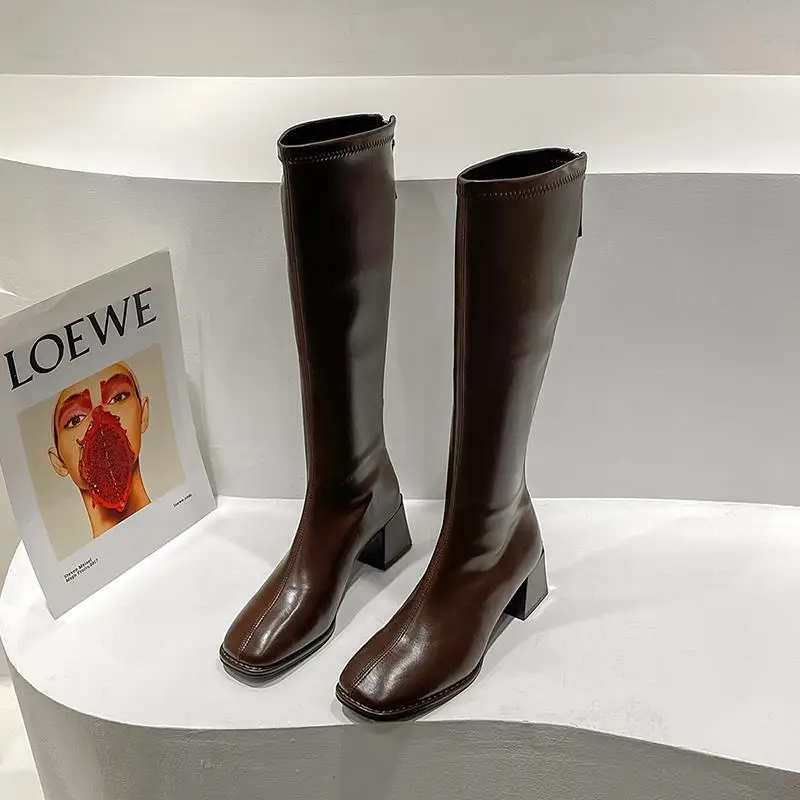 Women Warm Long Boots Woman Knee High Booties Ladies Shoes Platform Thick Heel PU Leather Soft Zipper Woman Fashion Winter 2023