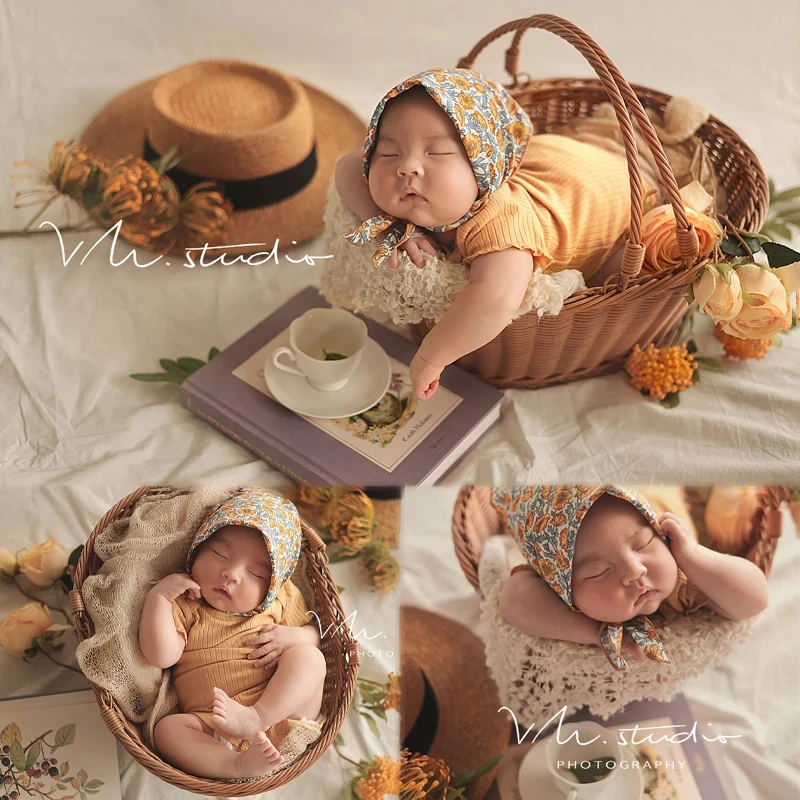 

Newborn Photography Props Pastoral Style Infant Jumpsuit + Hat 2pcs/Set Rattan Basket Baby Posing Container Studio Shooting Prop