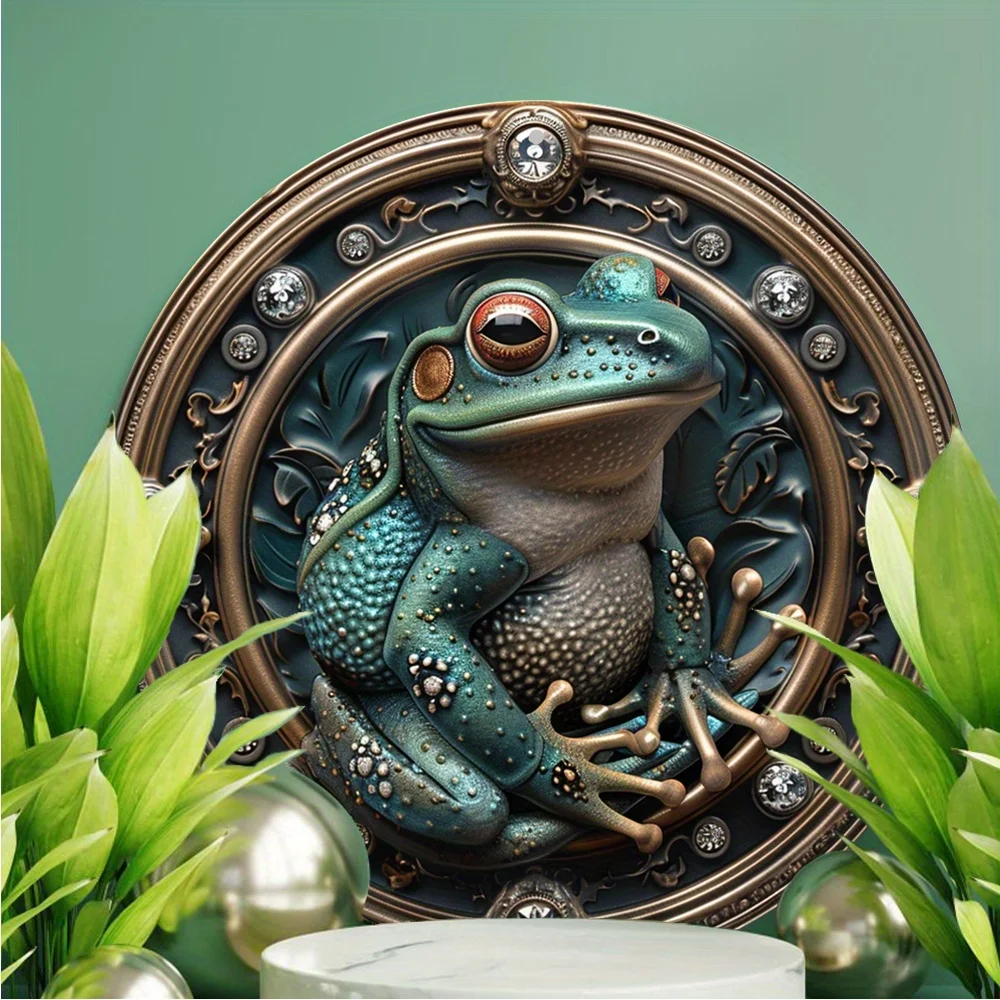 Frog Themed Metal Wall Art Decor,  Round Aluminum Flat Sign, Art Deco Style, No Electricity Needed, Home Office Decoration