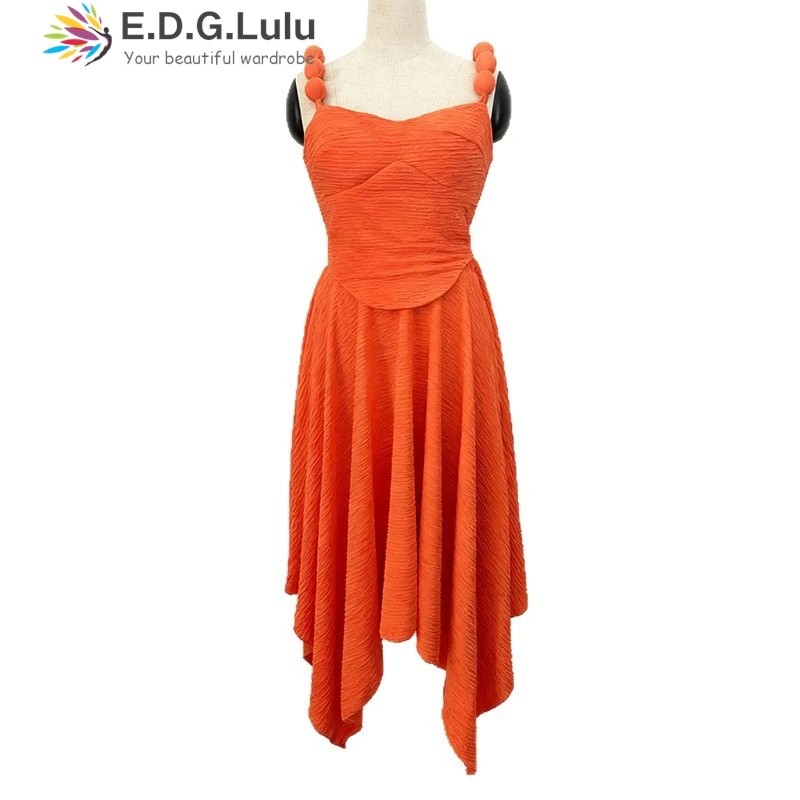 فساتين EDGLuLu بدون أكمام غير متناظرة باللون الأخضر والبرتقالي للمرأة مثيرة برباط ورباط بدون ظهر مطرز بحمالة طويلة 1112