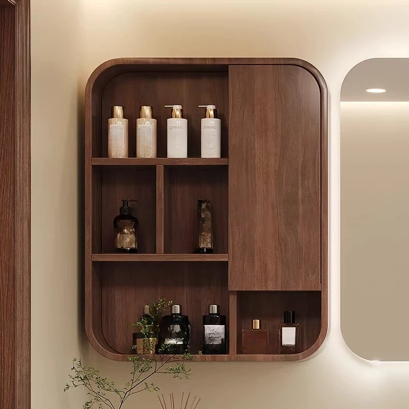 Bathroom side cabinet wall-mounted solid wood arc walnut separate mirror cabinet
