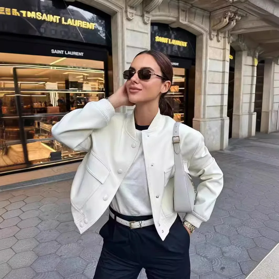 

Women's Stand Collar Jaet Coat Spring Autumn New Sle Large ket Casual Loose Fit Long Sve ort Length Leather