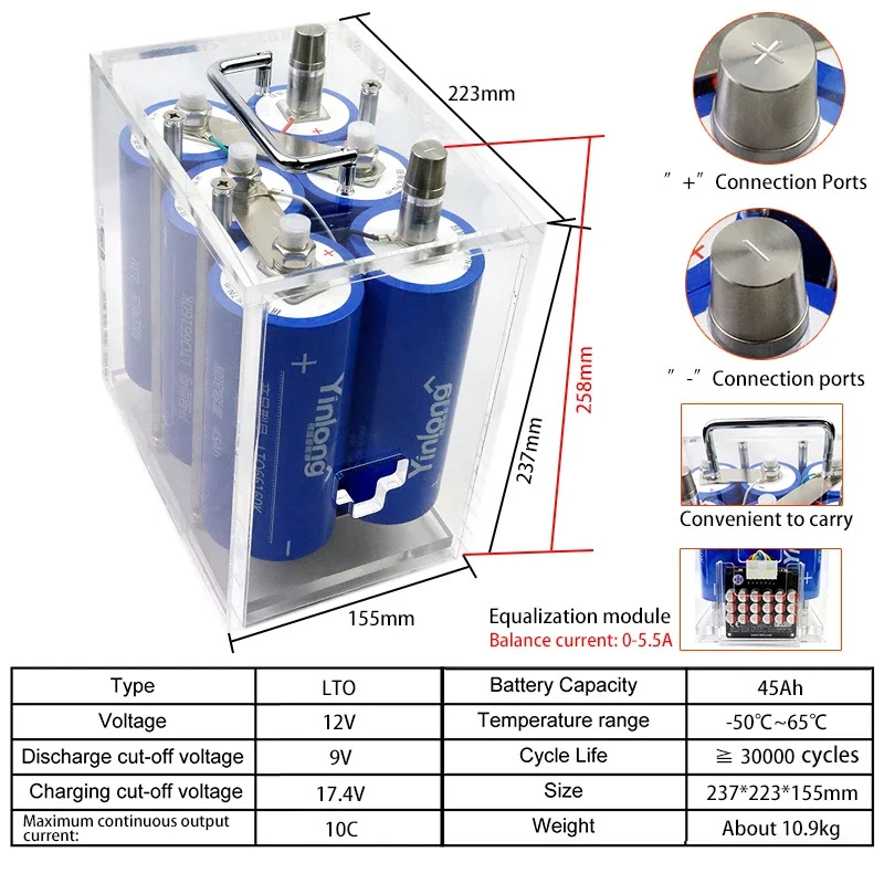 12V 45ah lithium titanate battery pack LTO 66160 discharge, used for solar energy system electric vehicle battery+5A charger