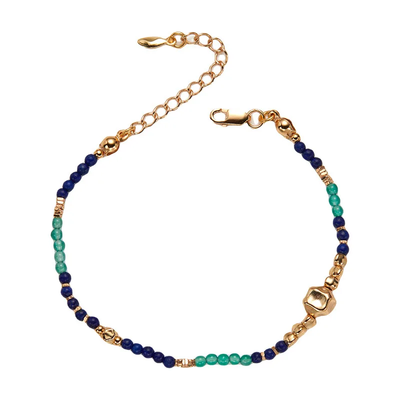 S925 الفضة النقية غير النظامية الفضة الخرز العقيق الأخضر الطبيعي اللازورد الأحجار الكريمة الملونة مطرز سوار للنساء الساخن سال #5