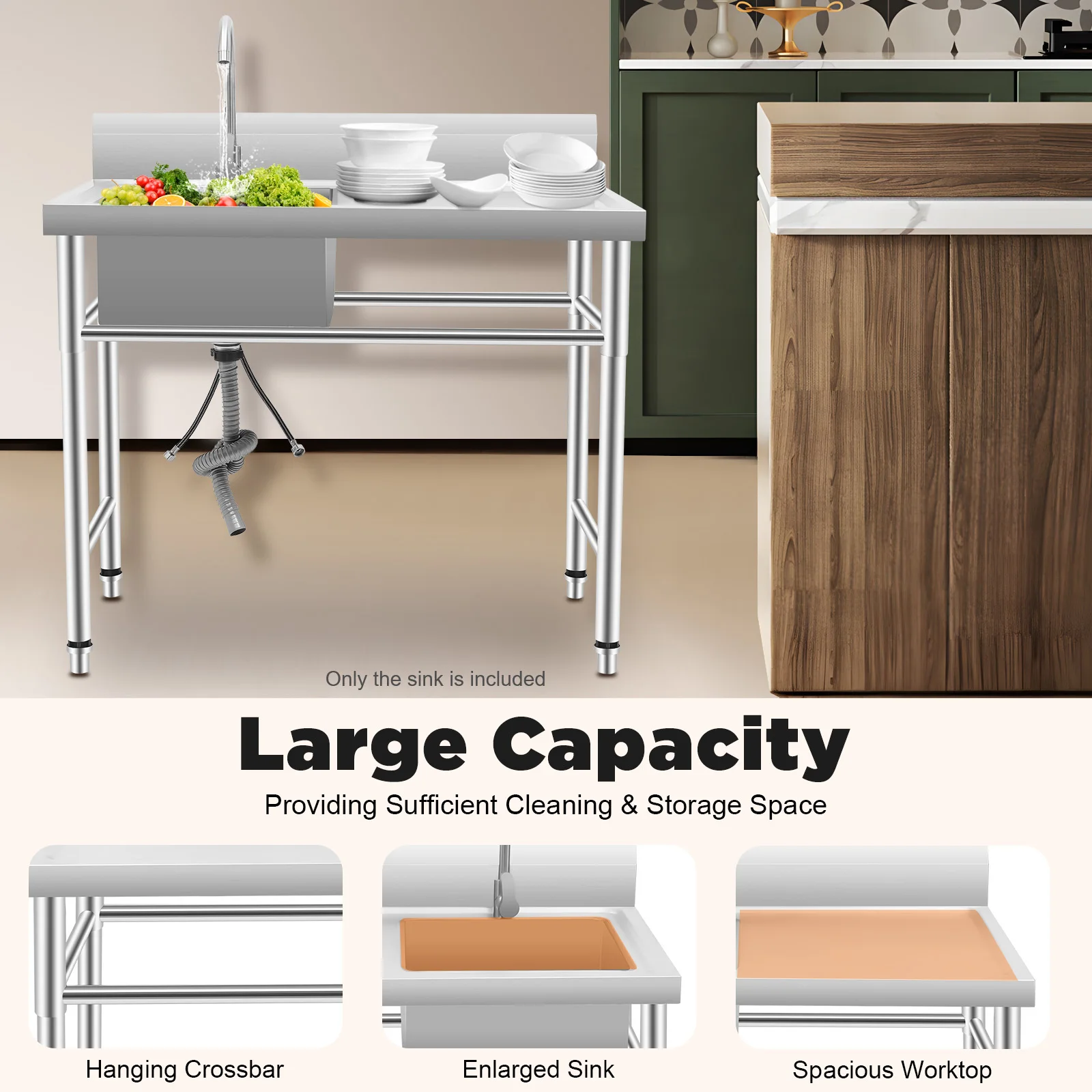 حوض فضي تجاري من الفولاذ المقاوم للصدأ - 39 × 24 × 37 بوصة، حوض فردي، قائم بذاته، مع صنبور وصرف، للمطعم/الغسيل