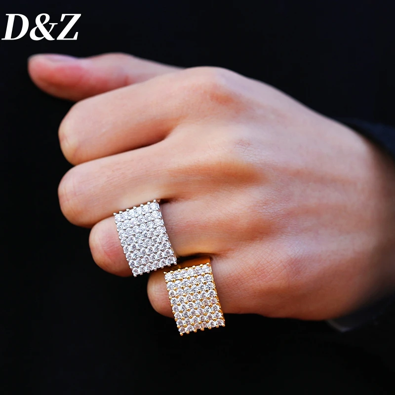 D&Z Fashion Classical Ice Out Cubic Zirconia Square Brass Ring for Men Waterproof Anti-corrosion Hip Hop Party Jewelry Gift