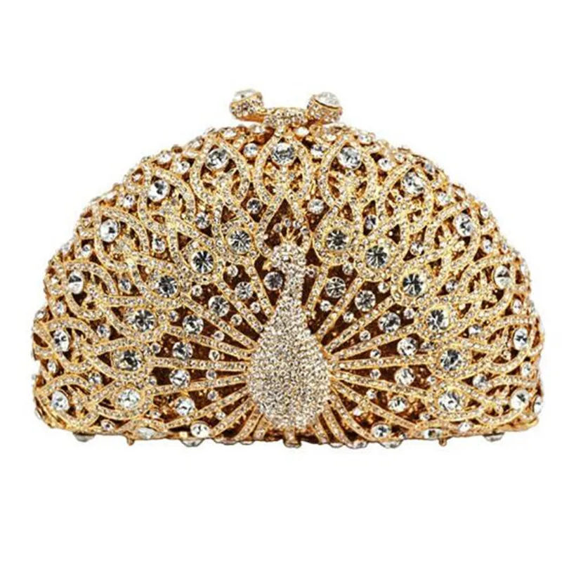 

High-end luxury Golden color Women peacock Crystal Metallic Evening Bags Wedding Novelty Rhinestone Small Metallic Clutch Purses