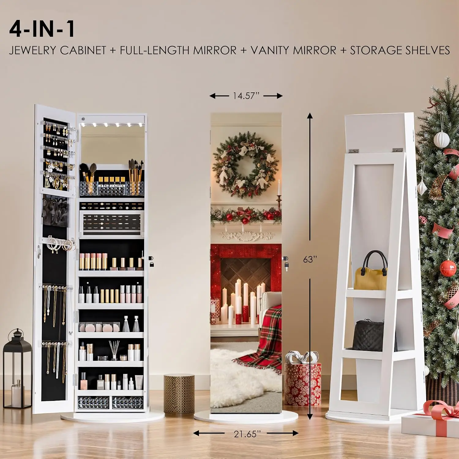 360 Degree Rotatable Jewelry Armoire Cabinet Lockable Freestanding Full Length Mirror Jewelry Organizer Builtin Makeup Mirror Wh