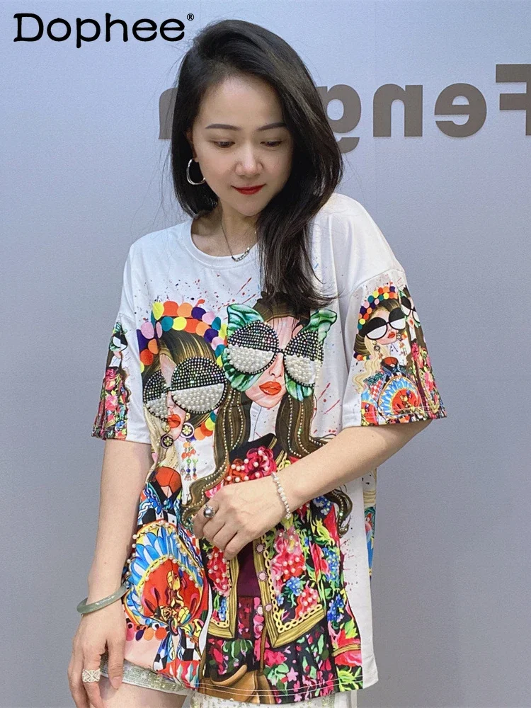 

Crew Neck Pullover Short Sleeve T-Shirt Summer Color Printing Casual Fashion Beaded Half Sleeve Top Women Clothes