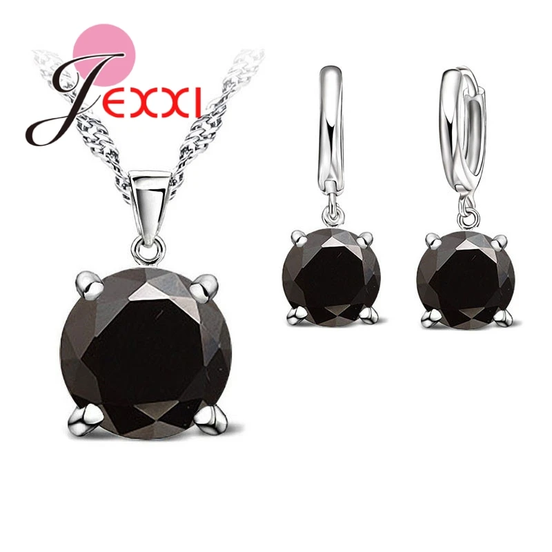 Solid 925 Sterling Silver Jewelry Sets 4 Claws Cubic Zirconia Pendant Necklace Earring Fashion Jewelry For Women SET